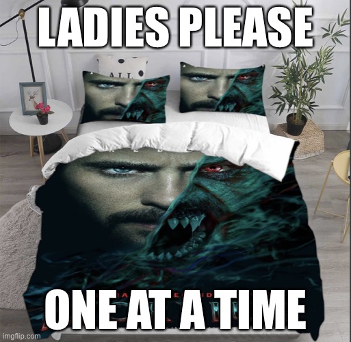 morbius bed | LADIES PLEASE; ONE AT A TIME | image tagged in morbius bed | made w/ Imgflip meme maker