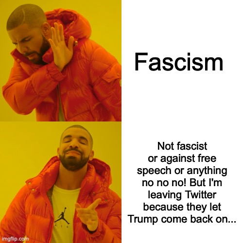 trump twitter ban | Fascism; Not fascist or against free speech or anything no no no! But I'm leaving Twitter because they let Trump come back on... | image tagged in memes,drake hotline bling,trump,twitter | made w/ Imgflip meme maker