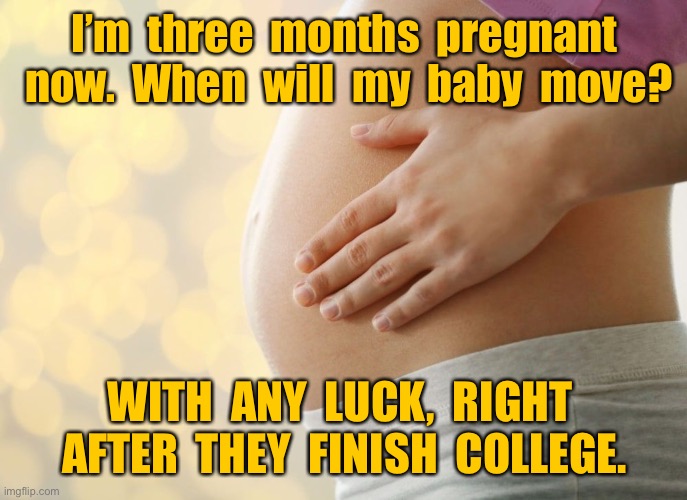 Pregnancy | I’m  three  months  pregnant  now.  When  will  my  baby  move? WITH  ANY  LUCK,  RIGHT  AFTER  THEY  FINISH  COLLEGE. | image tagged in 3 months pregnant,when will,baby move,with luck,finish college,fun | made w/ Imgflip meme maker
