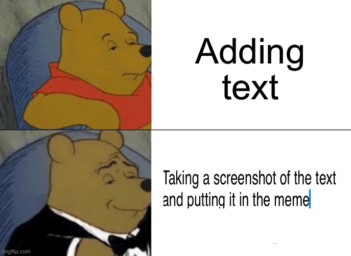 Big brain | Adding text | image tagged in memes,tuxedo winnie the pooh | made w/ Imgflip meme maker