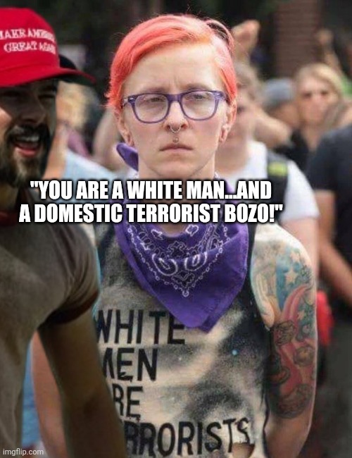 "YOU ARE A WHITE MAN...AND A DOMESTIC TERRORIST BOZO!" | made w/ Imgflip meme maker
