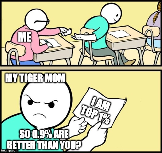 Note passing | ME; MY TIGER MOM; I AM TOP 1%; SO 0.9% ARE BETTER THAN YOU? | image tagged in note passing | made w/ Imgflip meme maker