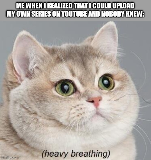 Heavy Breathing Cat | ME WHEN I REALIZED THAT I COULD UPLOAD MY OWN SERIES ON YOUTUBE AND NOBODY KNEW: | image tagged in memes,heavy breathing cat | made w/ Imgflip meme maker