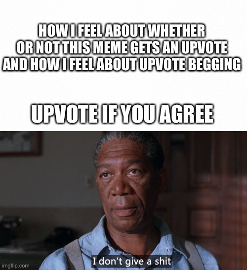 I really don’t give a shit | HOW I FEEL ABOUT WHETHER OR NOT THIS MEME GETS AN UPVOTE AND HOW I FEEL ABOUT UPVOTE BEGGING; UPVOTE IF YOU AGREE | image tagged in i don't give a shit,who cares,upvote begging,upvote beggars,funny,the shawshank redemption | made w/ Imgflip meme maker