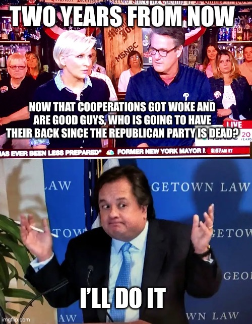 TWO YEARS FROM NOW; NOW THAT COOPERATIONS GOT WOKE AND ARE GOOD GUYS, WHO IS GOING TO HAVE THEIR BACK SINCE THE REPUBLICAN PARTY IS DEAD? I’LL DO IT | image tagged in morning joe 1,george conway shrug | made w/ Imgflip meme maker