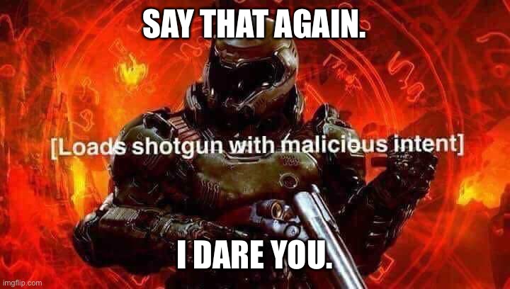 Me whenever my brothers pick on me | SAY THAT AGAIN. I DARE YOU. | image tagged in loads shotgun with malicious intent | made w/ Imgflip meme maker