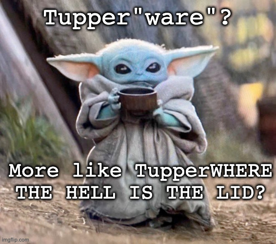 Grogu Tupperware | Tupper"ware"? More like TupperWHERE THE HELL IS THE LID? | image tagged in grogu,funny,tupperware | made w/ Imgflip meme maker