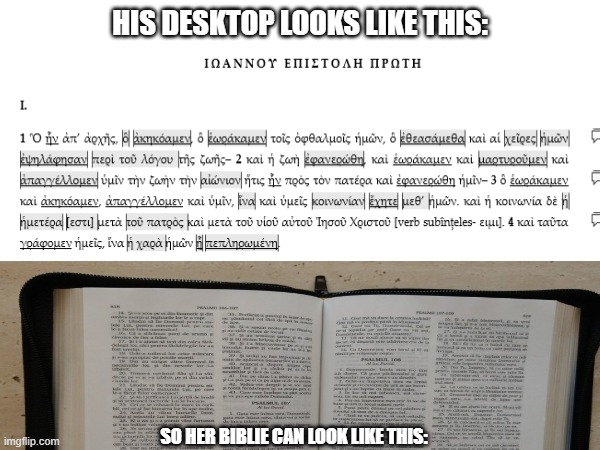 Meme | HIS DESKTOP LOOKS LIKE THIS:; SO HER BIBLIE CAN LOOK LIKE THIS: | image tagged in bible | made w/ Imgflip meme maker