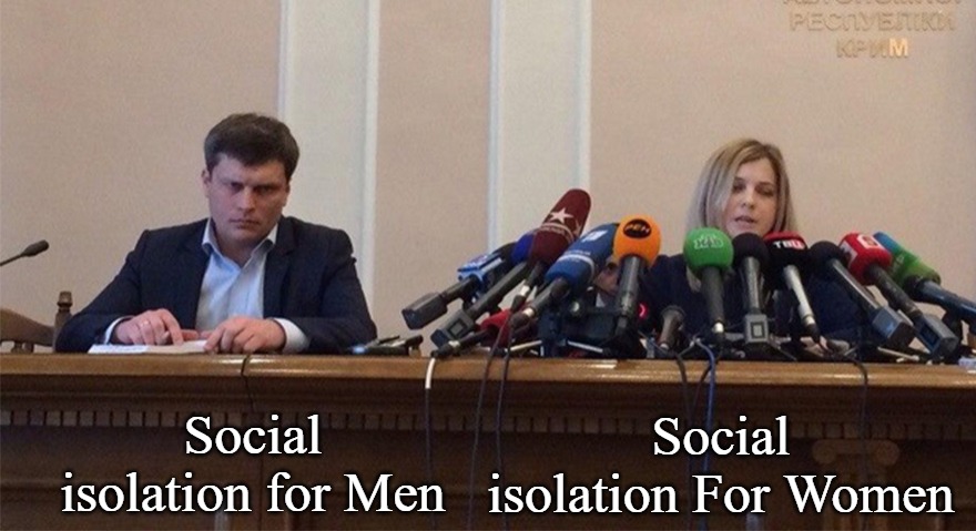 Man and woman microphone | Social isolation for Men; Social isolation For Women | image tagged in man and woman microphone,social isolation,men vs women | made w/ Imgflip meme maker