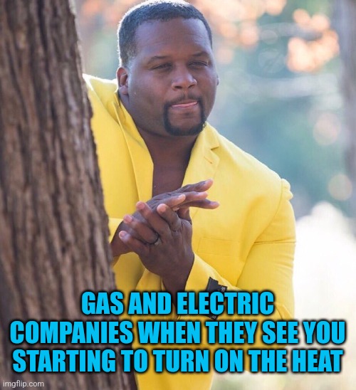 Cold cash for hot air | GAS AND ELECTRIC COMPANIES WHEN THEY SEE YOU STARTING TO TURN ON THE HEAT | image tagged in black guy hiding behind tree,gas,electric,heat,bills,inflation | made w/ Imgflip meme maker