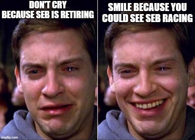 Spiderman crying | DON'T CRY BECAUSE SEB IS RETIRING; SMILE BECAUSE YOU COULD SEE SEB RACING | image tagged in spiderman crying,formula 1 | made w/ Imgflip meme maker