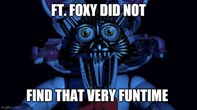 Funtime foxy jumpscare fnaf sister location | FT. FOXY DID NOT FIND THAT VERY FUNTIME | image tagged in funtime foxy jumpscare fnaf sister location | made w/ Imgflip meme maker