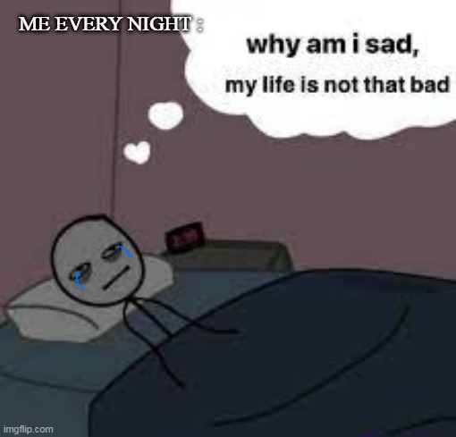 sad life | ME EVERY NIGHT : | image tagged in sad,bed | made w/ Imgflip meme maker