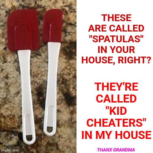 Because Kids Lick The Bowl.  Well, They Used To | THEY'RE CALLED "KID CHEATERS" IN MY HOUSE; THESE ARE CALLED "SPATULAS" IN YOUR HOUSE, RIGHT? THANX GRANDMA | image tagged in memes,drake hotline bling,used to,spatula,daily cooking lesson,kid cheaters | made w/ Imgflip meme maker