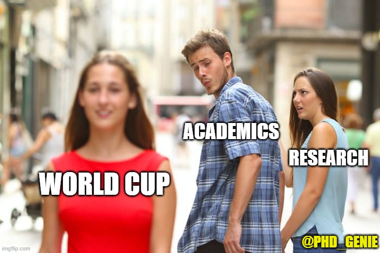 academics during world cup | ACADEMICS; RESEARCH; WORLD CUP; @PHD_GENIE | image tagged in memes,distracted boyfriend | made w/ Imgflip meme maker