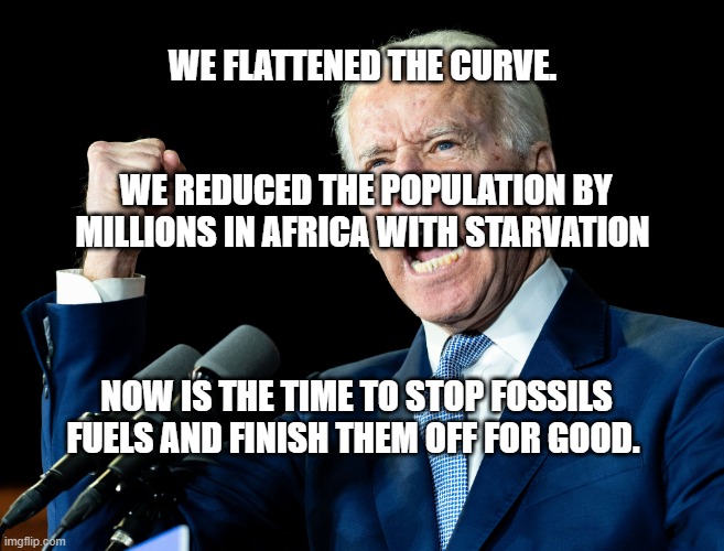 Joe Biden's fist | WE FLATTENED THE CURVE.                                               
 WE REDUCED THE POPULATION BY MILLIONS IN AFRICA WITH STARVATION; NOW IS THE TIME TO STOP FOSSILS FUELS AND FINISH THEM OFF FOR GOOD. | image tagged in joe biden's fist | made w/ Imgflip meme maker