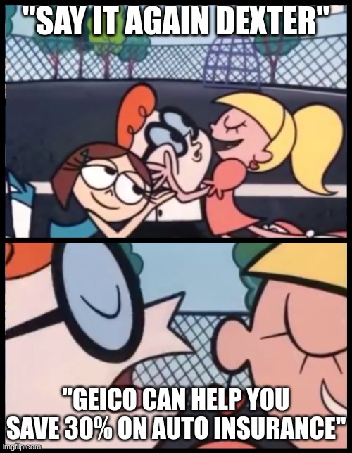 Say it Again, Dexter Meme | "SAY IT AGAIN DEXTER"; "GEICO CAN HELP YOU SAVE 30% ON AUTO INSURANCE" | image tagged in memes,say it again dexter | made w/ Imgflip meme maker