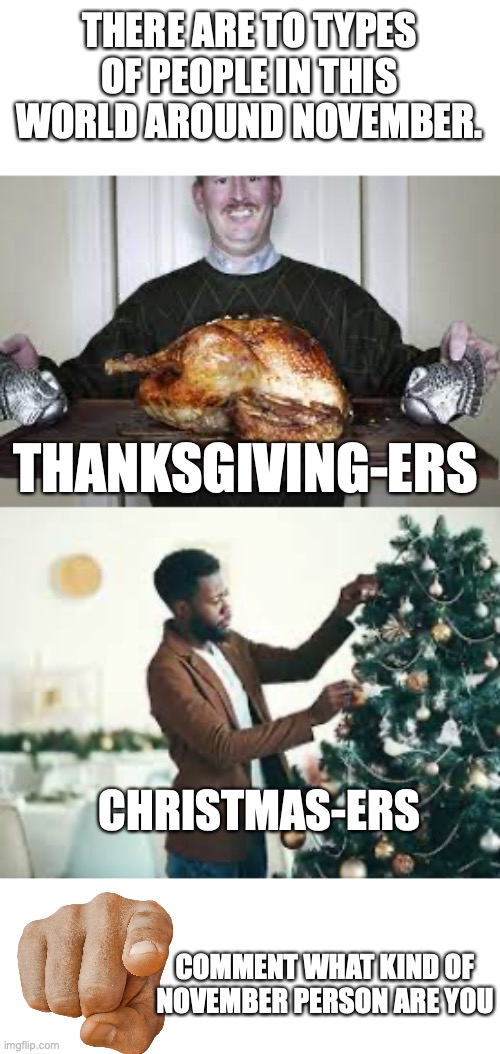 Two types of people in November. | THERE ARE TO TYPES OF PEOPLE IN THIS WORLD AROUND NOVEMBER. THANKSGIVING-ERS; CHRISTMAS-ERS; COMMENT WHAT KIND OF NOVEMBER PERSON ARE YOU | image tagged in lol,memes,christmas,thanksgiving,november | made w/ Imgflip meme maker