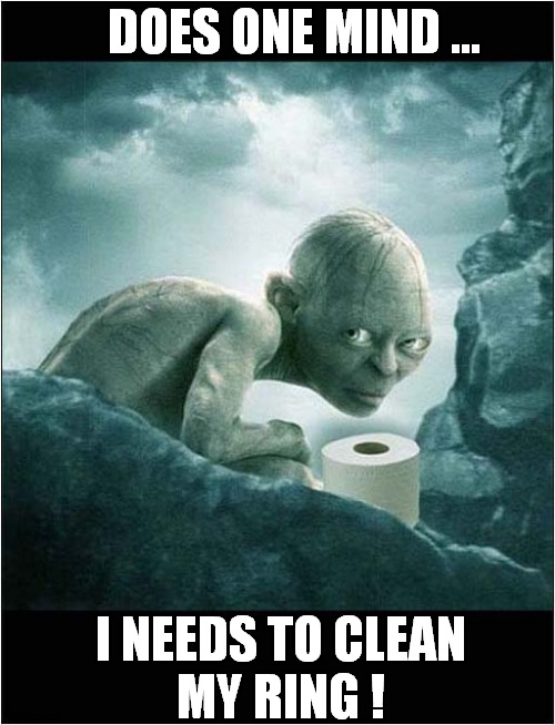 The Lord Of A Dirty Ring ! | DOES ONE MIND ... I NEEDS TO CLEAN
MY RING ! | image tagged in gollum lord of the rings,toilet paper,dark humour | made w/ Imgflip meme maker