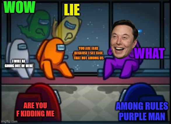 Among us blame | WOW; LIE; WHAT; YOU ARE FAKE BECAUSE I SEE FACE THAT NOT AMONG US; I WILL BE GOING OUT OF HERE; ARE YOU F KIDDING ME; AMONG RULES PURPLE MAN | image tagged in among us blame | made w/ Imgflip meme maker