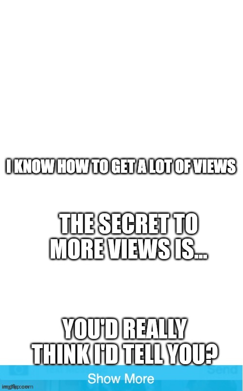 I know how to get views | THE SECRET TO MORE VIEWS IS... YOU'D REALLY THINK I'D TELL YOU? | image tagged in i know how to get views | made w/ Imgflip meme maker