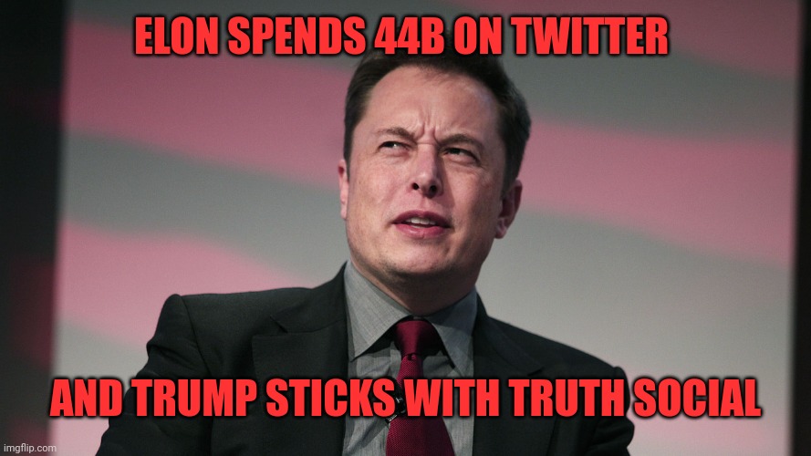 Confused Elon Musk | ELON SPENDS 44B ON TWITTER AND TRUMP STICKS WITH TRUTH SOCIAL | image tagged in confused elon musk | made w/ Imgflip meme maker