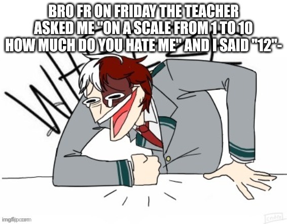 Todoroki W H E E Z E | BRO FR ON FRIDAY THE TEACHER ASKED ME "ON A SCALE FROM 1 TO 10 HOW MUCH DO YOU HATE ME" AND I SAID "12"- | image tagged in todoroki w h e e z e | made w/ Imgflip meme maker
