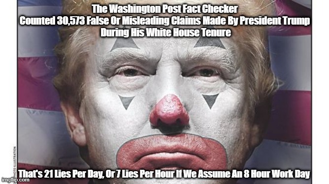 Donald Trump Told 21 Fact-Checkable Lies Every Day Of His Presidency | The Washington Post Fact Checker 
Counted 30,573 False Or Misleading Claims Made By President Trump 
During His White House Tenure; That's 21 Lies Per Day, Or 7 Lies Per Hour If We Assume An 8 Hour Work Day | image tagged in trump lies,trump falsehood,trump liar | made w/ Imgflip meme maker