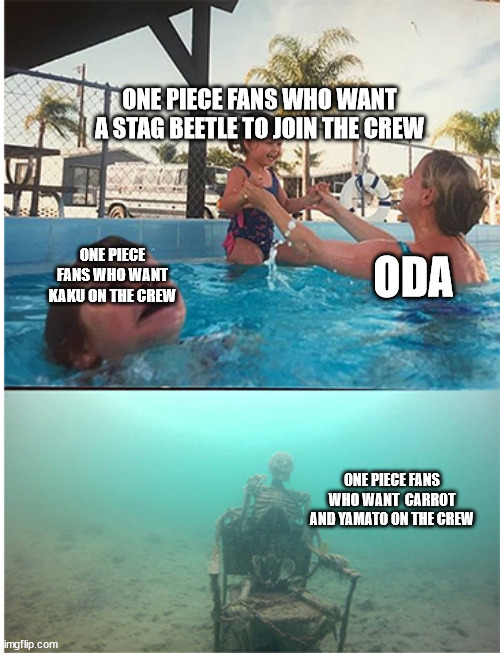 child drowning in pool | ONE PIECE FANS WHO WANT A STAG BEETLE TO JOIN THE CREW; ODA; ONE PIECE FANS WHO WANT KAKU ON THE CREW; ONE PIECE FANS WHO WANT  CARROT AND YAMATO ON THE CREW | image tagged in child drowning in pool | made w/ Imgflip meme maker
