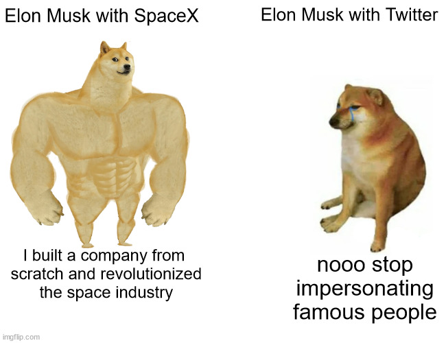 he's better with rockets than with people | Elon Musk with Twitter; Elon Musk with SpaceX; I built a company from
 scratch and revolutionized
 the space industry; nooo stop impersonating famous people | image tagged in memes,buff doge vs cheems | made w/ Imgflip meme maker