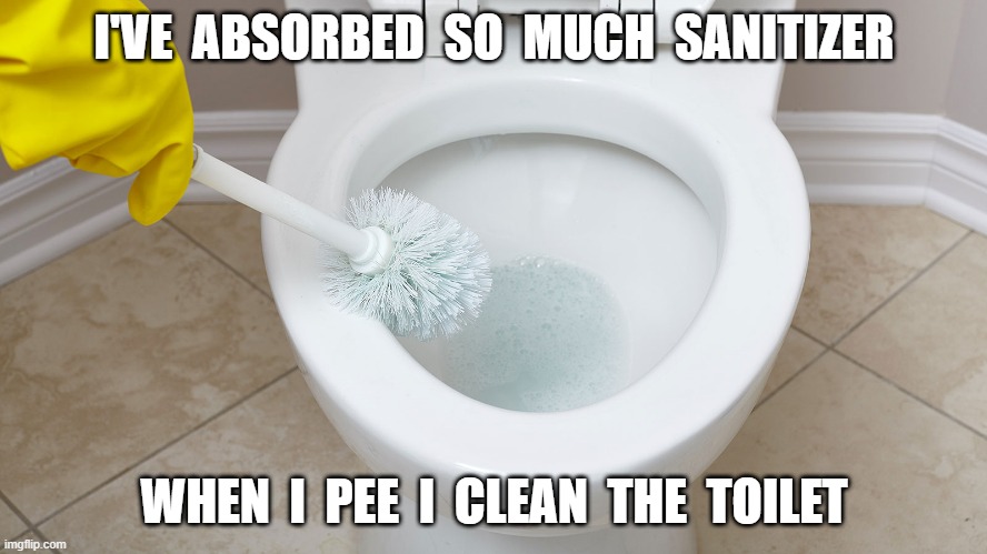 toilet | I'VE  ABSORBED  SO  MUCH  SANITIZER; WHEN  I  PEE  I  CLEAN  THE  TOILET | image tagged in toilet | made w/ Imgflip meme maker