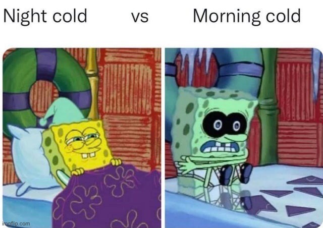 Night Cold vs. Morning Cold | image tagged in memes,funny,relatable,repost,spongebob,cold | made w/ Imgflip meme maker