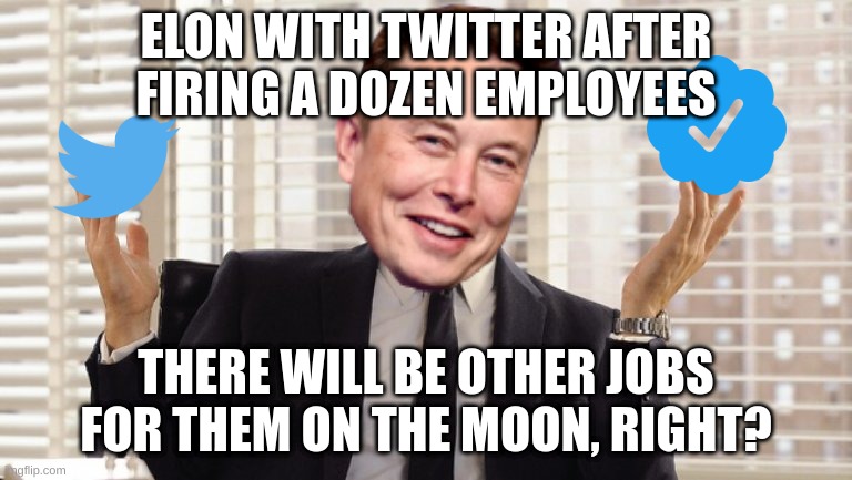 I hope so.... | ELON WITH TWITTER AFTER FIRING A DOZEN EMPLOYEES; THERE WILL BE OTHER JOBS FOR THEM ON THE MOON, RIGHT? | image tagged in john hamm hands up mad men | made w/ Imgflip meme maker