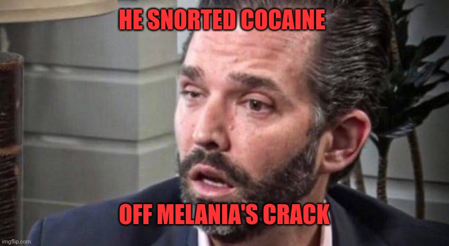 don trump jr coked up (facing left) | HE SNORTED COCAINE OFF MELANIA'S CRACK | image tagged in don trump jr coked up facing left | made w/ Imgflip meme maker