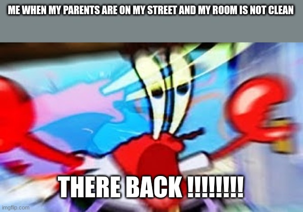 T h e r e B A C K!!!!!! | ME WHEN MY PARENTS ARE ON MY STREET AND MY ROOM IS NOT CLEAN; THERE BACK !!!!!!!! | image tagged in t h e r e b a c k | made w/ Imgflip meme maker