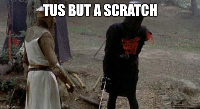 Tis but a scratch | TUS BUT A SCRATCH | image tagged in tis but a scratch | made w/ Imgflip meme maker