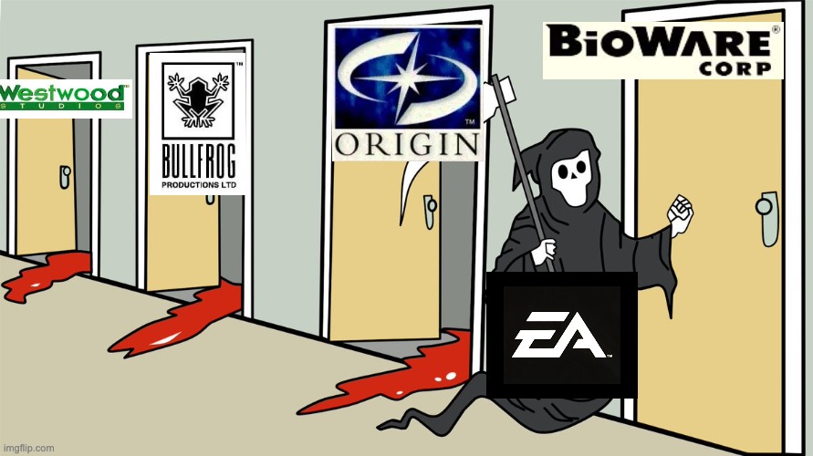 When EA comes a-knockin', bolt the door! | image tagged in death | made w/ Imgflip meme maker