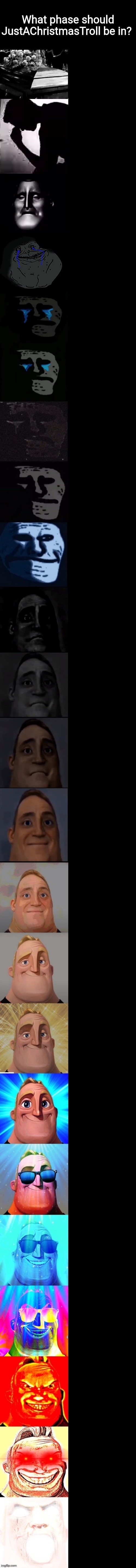 Your choise | What phase should JustAChristmasTroll be in? | image tagged in mr incredible becoming sad to canny extended | made w/ Imgflip meme maker