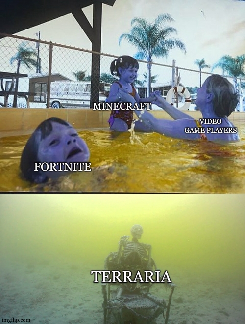 sorry | MINECRAFT; VIDEO GAME PLAYERS; FORTNITE; TERRARIA | image tagged in mother ignoring kid drowning in a pool | made w/ Imgflip meme maker