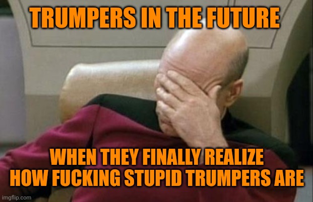 Captain Picard Facepalm Meme | TRUMPERS IN THE FUTURE WHEN THEY FINALLY REALIZE HOW FUCKING STUPID TRUMPERS ARE | image tagged in memes,captain picard facepalm | made w/ Imgflip meme maker