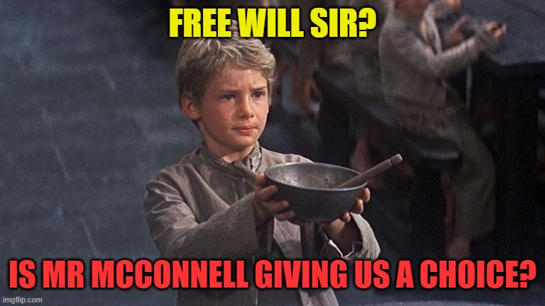 Please Sir | FREE WILL SIR? IS MR MCCONNELL GIVING US A CHOICE? | image tagged in please sir | made w/ Imgflip meme maker