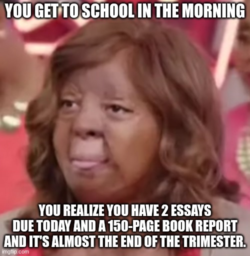 School | YOU GET TO SCHOOL IN THE MORNING; YOU REALIZE YOU HAVE 2 ESSAYS DUE TODAY AND A 150-PAGE BOOK REPORT AND IT'S ALMOST THE END OF THE TRIMESTER. | image tagged in what did you just say,school,school meme,essay | made w/ Imgflip meme maker