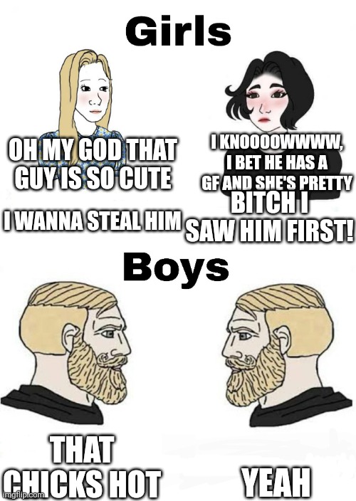 Why girls gotta argue? | I KNOOOOWWWW, I BET HE HAS A GF AND SHE'S PRETTY; OH MY GOD THAT GUY IS SO CUTE; BITCH I SAW HIM FIRST! I WANNA STEAL HIM; YEAH; THAT CHICKS HOT | image tagged in girls vs boys | made w/ Imgflip meme maker