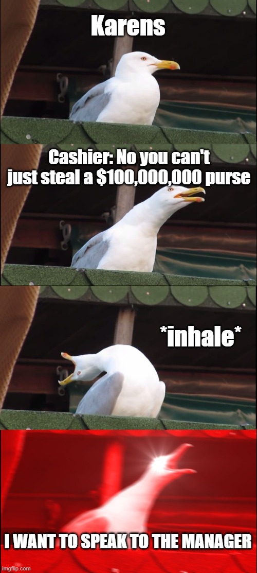 Karens tbh | Karens; Cashier: No you can't just steal a $100,000,000 purse; *inhale*; I WANT TO SPEAK TO THE MANAGER | image tagged in memes,inhaling seagull | made w/ Imgflip meme maker