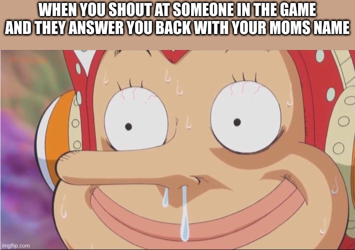 Ussop | WHEN YOU SHOUT AT SOMEONE IN THE GAME AND THEY ANSWER YOU BACK WITH YOUR MOMS NAME | image tagged in ussop,one piece | made w/ Imgflip meme maker