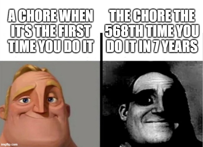 tl;dr it gets boring | THE CHORE THE 568TH TIME YOU DO IT IN 7 YEARS; A CHORE WHEN IT'S THE FIRST TIME YOU DO IT | image tagged in teacher's copy | made w/ Imgflip meme maker