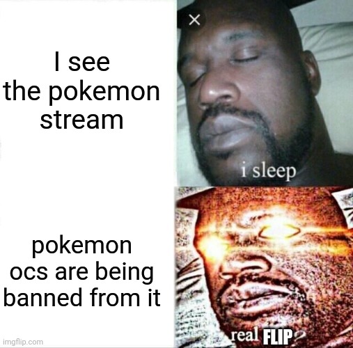 ... | I see the pokemon stream; pokemon ocs are being banned from it; FLIP | image tagged in memes,sleeping shaq | made w/ Imgflip meme maker