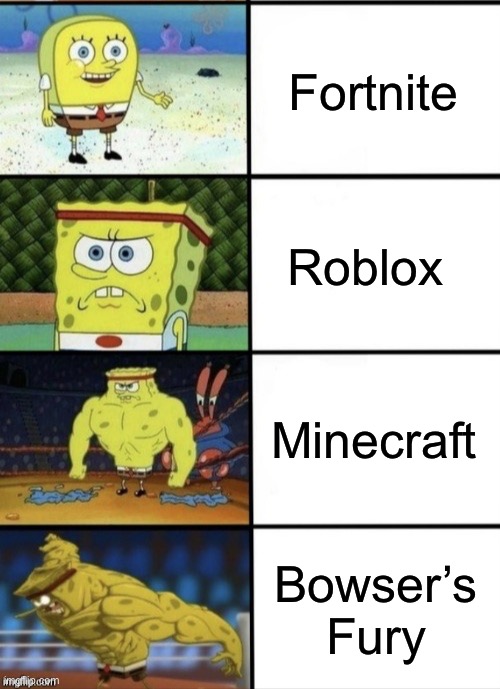 Gaming fun level |  Fortnite; Roblox; Minecraft; Bowser’s Fury | image tagged in spongebob strength | made w/ Imgflip meme maker