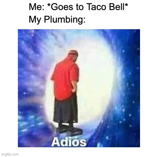 Taco Hell | Me: *Goes to Taco Bell*; My Plumbing: | image tagged in adios,taco bell,funny memes | made w/ Imgflip meme maker