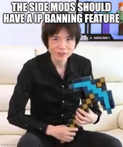 Sakurai Pickaxe | THE SIDE MODS SHOULD HAVE A IP BANNING FEATURE | image tagged in sakurai pickaxe | made w/ Imgflip meme maker